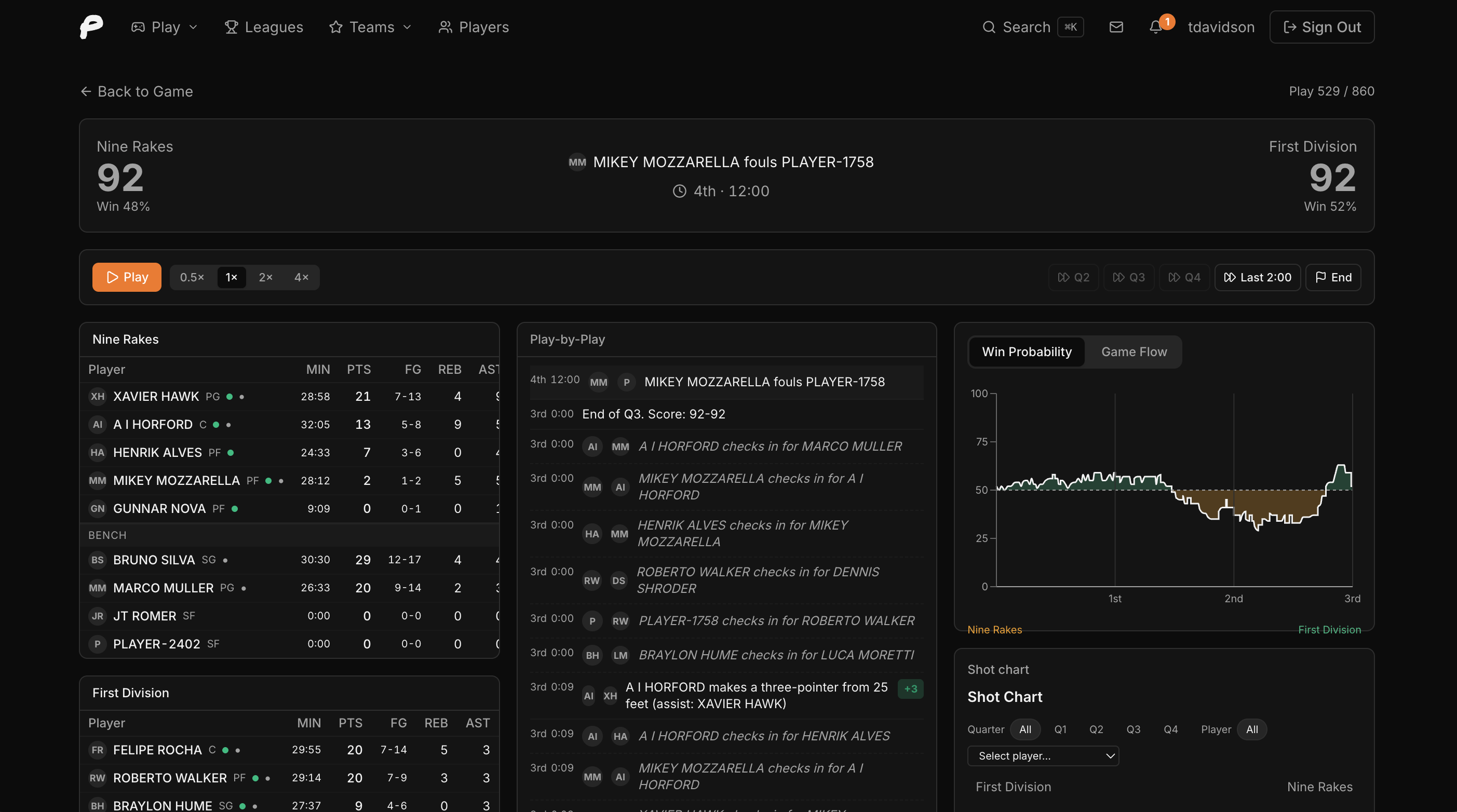 A live simulated game, possession-by-possession, in Pennant Games